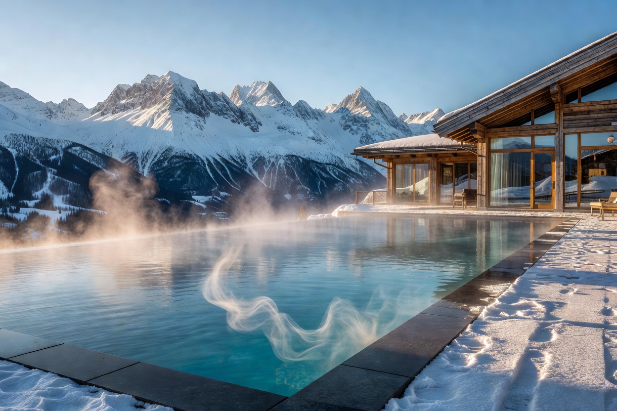 Heated outdoor pool at a mountain hotel with steam drifting over the water and snow-covered peaks behind