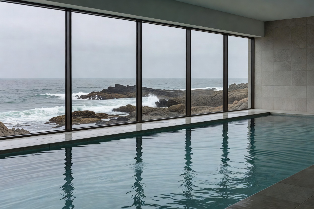 Indoor seawater pool with floor-to-ceiling windows looking onto a rocky Atlantic shoreline under grey light