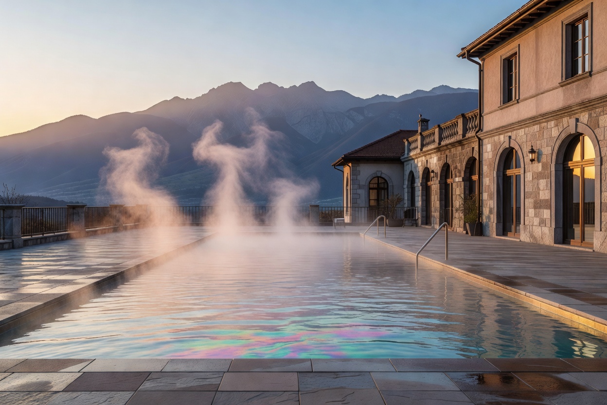 Outdoor thermal pool on a hotel terrace with steam rising above the water and mountains in soft evening light