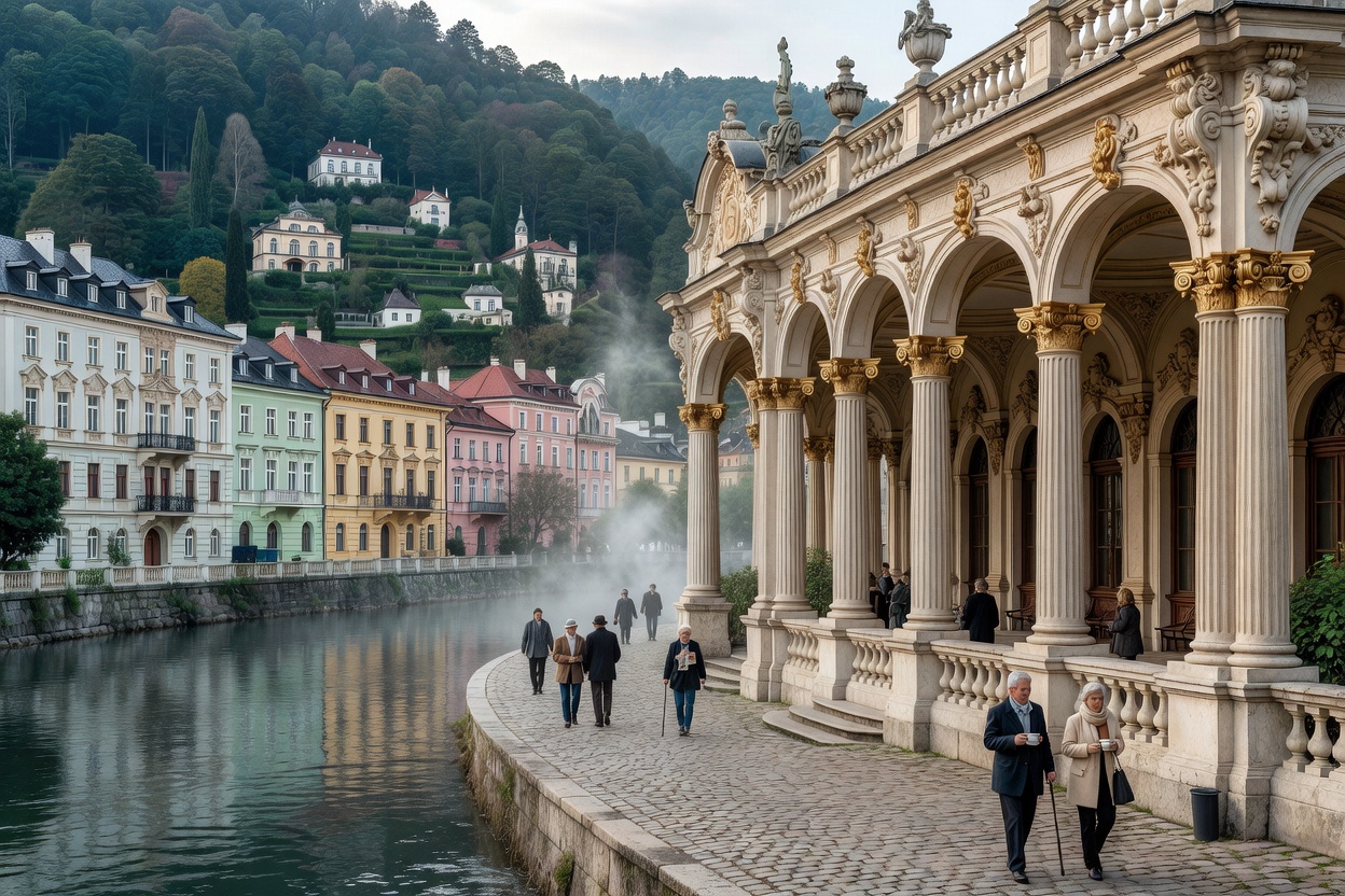 Ornate spa colonnade beside a river in a Central European spa town, with hills rising behind pastel facades