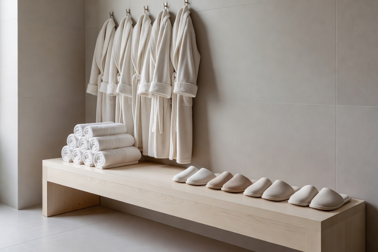 Calm spa changing area with rolled towels, hanging robes and slippers arranged on a pale wooden bench