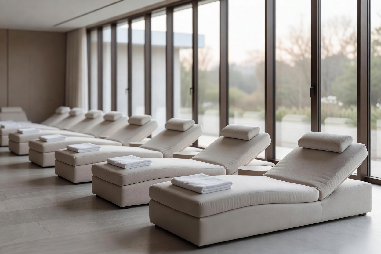 Quiet relaxation room in a spa hotel with rows of loungers facing tall windows and folded towels on each seat